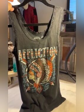Affliction Y2K Tank Top Tattoo Graphic Rhinestone Lace Trim Biker Grunge M
